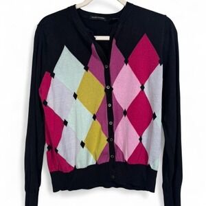 Valerie Stevens Y2K black & pink argyle silk cotton‎ mix cardigan Size XL